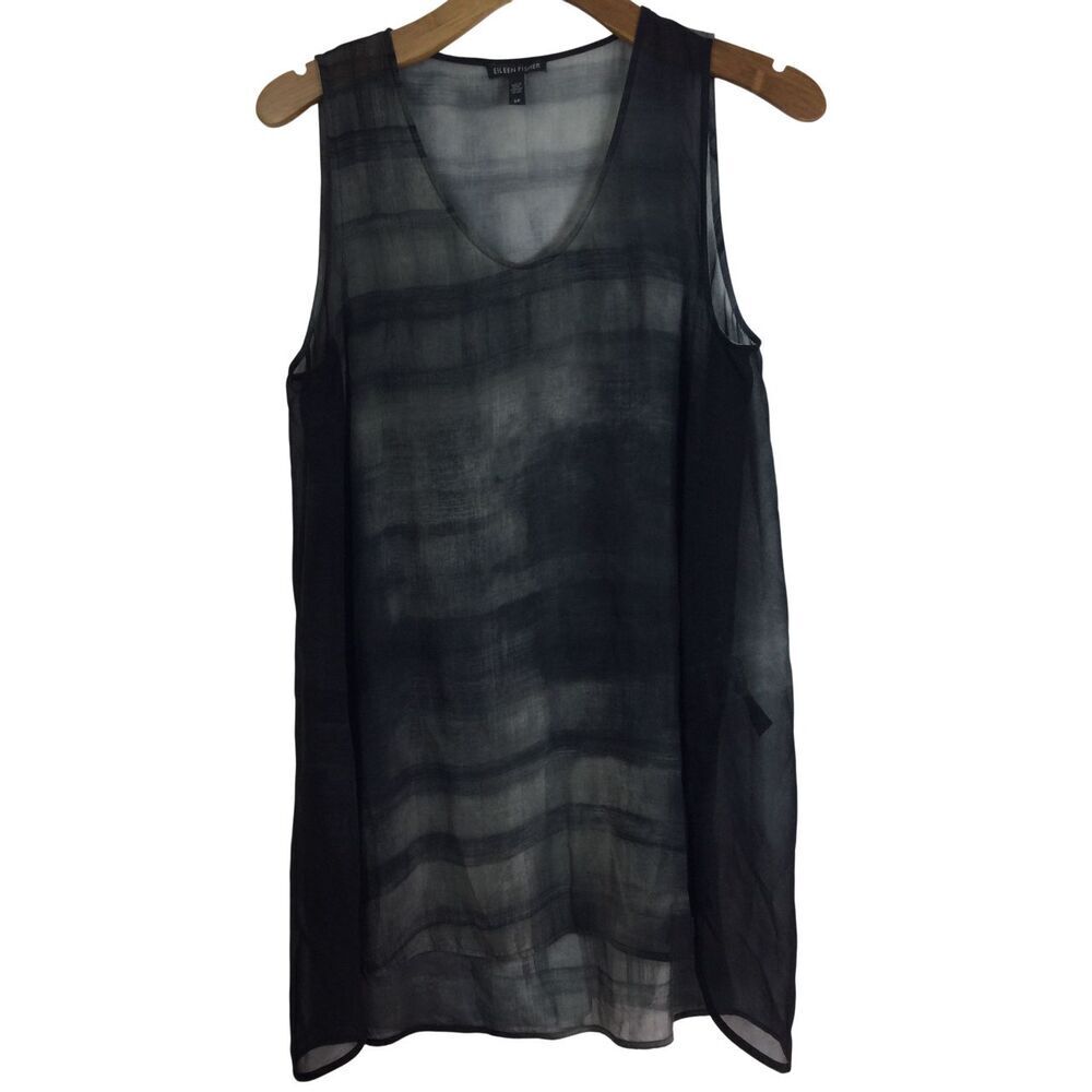 Eileen Fisher Womens Silk Sleeveless Scoop Neck Sheer Tunic Tank Top Black Small
